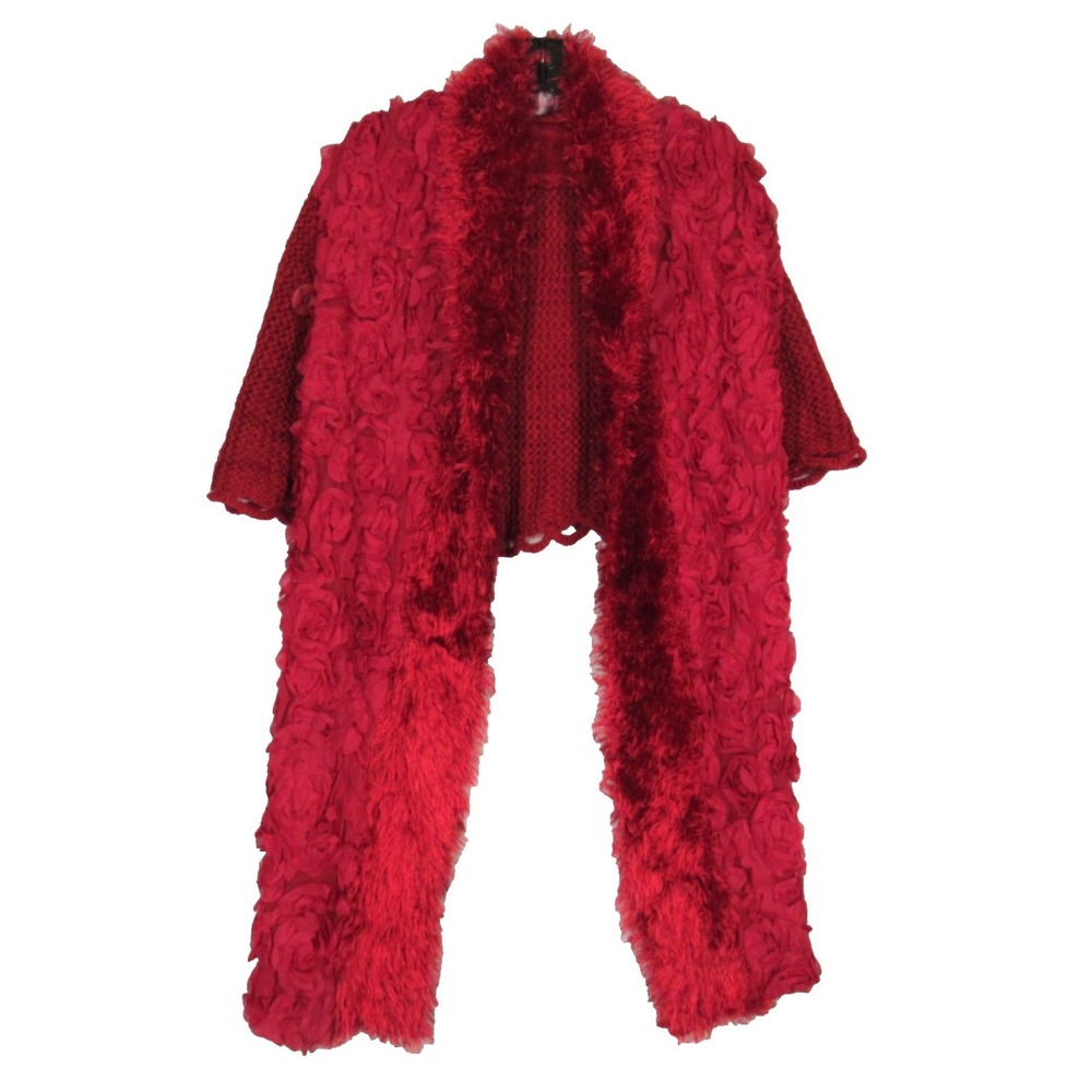 PRETTY ANGEL Red FAUX FUR Floral Chiffon BUTTON DETAIL Sweater WRAP SHAWL Sz OS